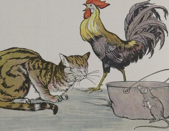 An illustration for the story The Cat The Cock And The Young Mouse by the author Aesop