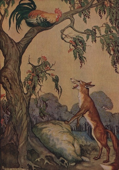 An illustration for the story The Cock And The Fox by the author Aesop