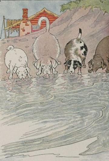 An illustration for the story The Dogs And The Hides by the author Aesop