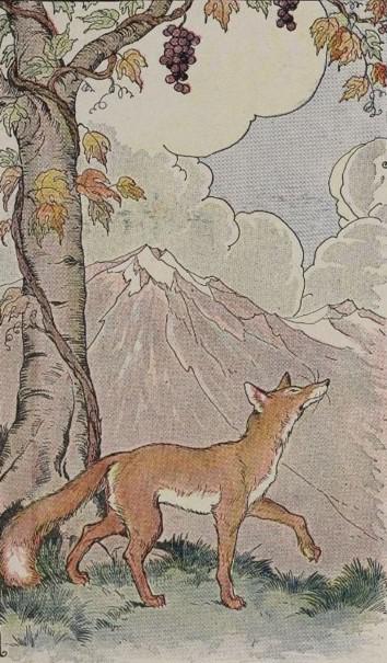 An illustration for the story The Fox And The Grapes by the author Aesop