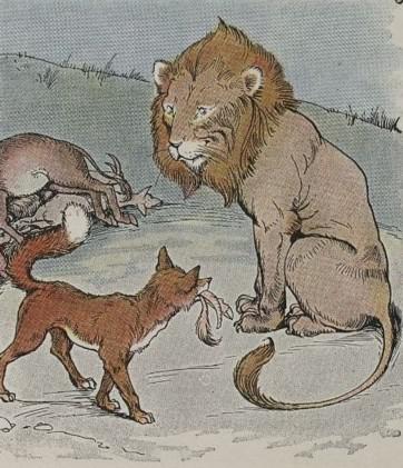 An illustration for the story The Lion The Ass And The Fox by the author Aesop