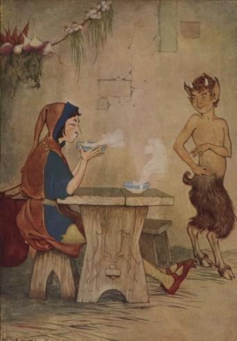 An illustration for the story The Man And The Satyr by the author Aesop