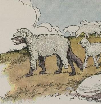 An illustration for the story The Wolf In Sheeps Clothing by the author Aesop